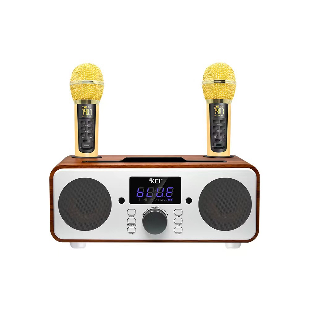 Customized New K06 Bluetooth Speaker Wireless Dual Microphone Sound System Wood Grain Fashionable All-in-One Home KTV_voghion.com