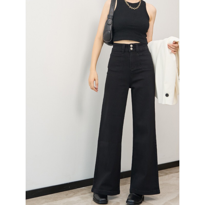 Black straight-leg, non-tight-fitting, spring-summer, slightly flared women's jeans, ultra-high-waisted, loose fit, suitable for pear-shaped body, narrow-flared trendy pants