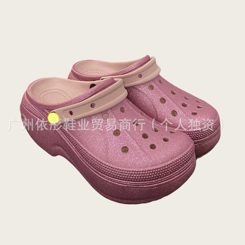 2025 New Model Thick-Soled Height-Increasing Breathable Cross-Border Glitter Hole Shoes Bella Fashion Women's Wholesale