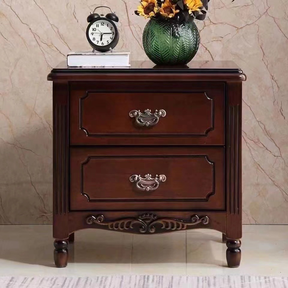 Chinese-Style Solid Wood Bedside Table with Antique Carved Walnut Finish, Lockable Bedroom Bedside Storage Cabinet