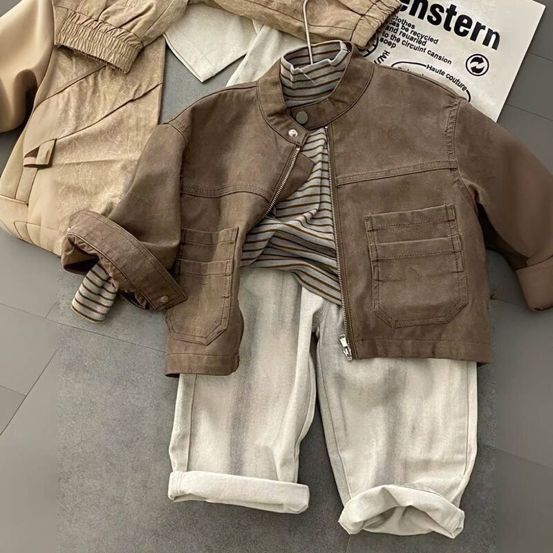 Boys' Outfit 2025 Autumn New Motorcycle Jacket Children's Fashionable Spring and Autumn Three-Piece Set Boys' Outfit 2025 Autumn New Motorcycle Jacket Children's Fashionable Spring and Autumn Three-Piece Set