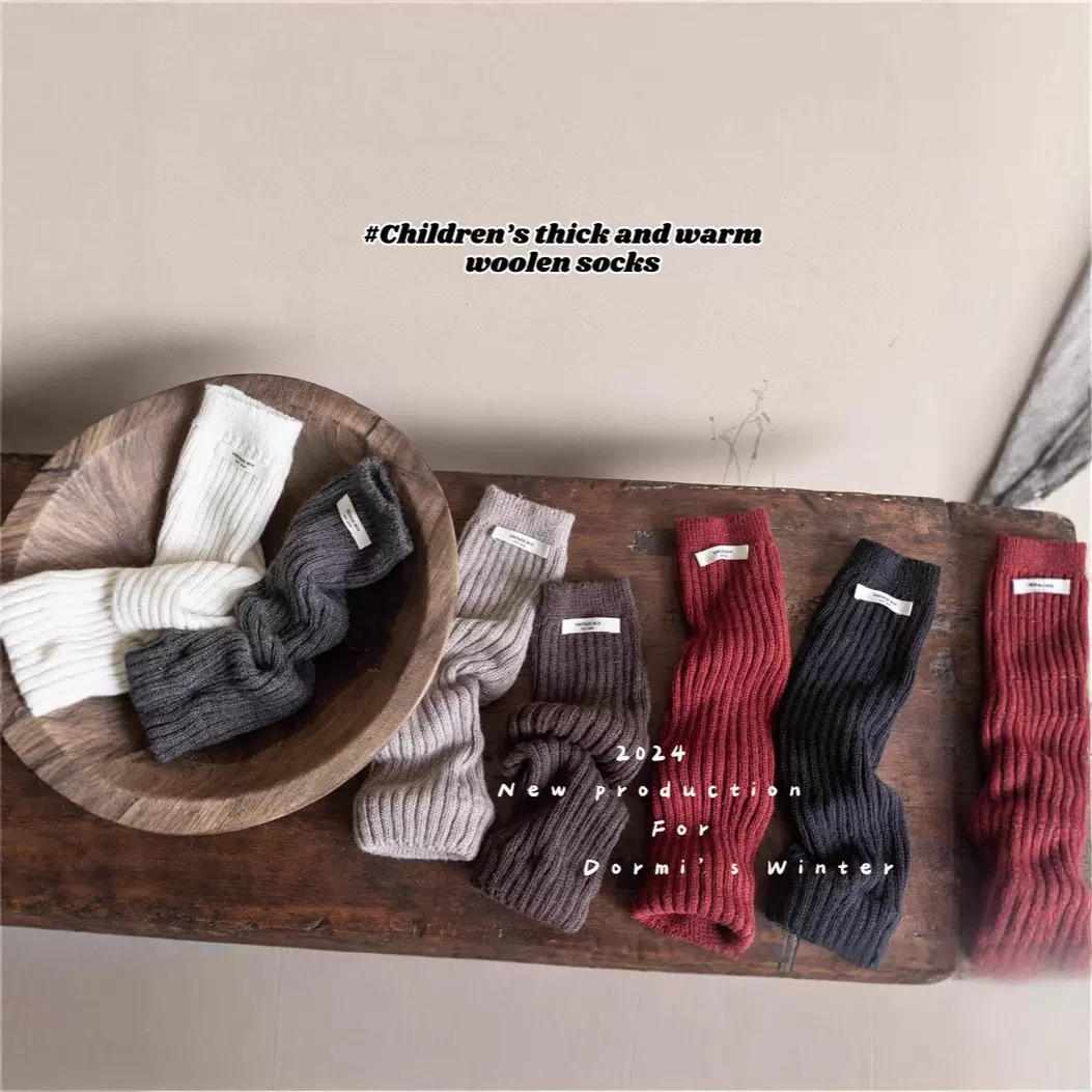 WTC1124冬季新款儿童袜子宝宝加厚羊毛袜套复古色布标腿套堆堆袜