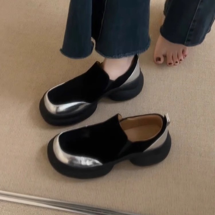 La marea no es sur ~ Suela de bizcocho retro, suela gruesa, aumento, zapatos de cuero Lefu para mujer, cuero esmerilado, punta redonda, zapatos de cuero simples