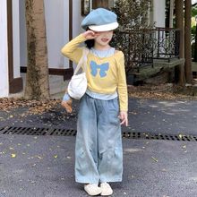 女童2025秋冬季新款童装时尚韩版拼接蝴蝶结上衣加牛仔裤套装可爱