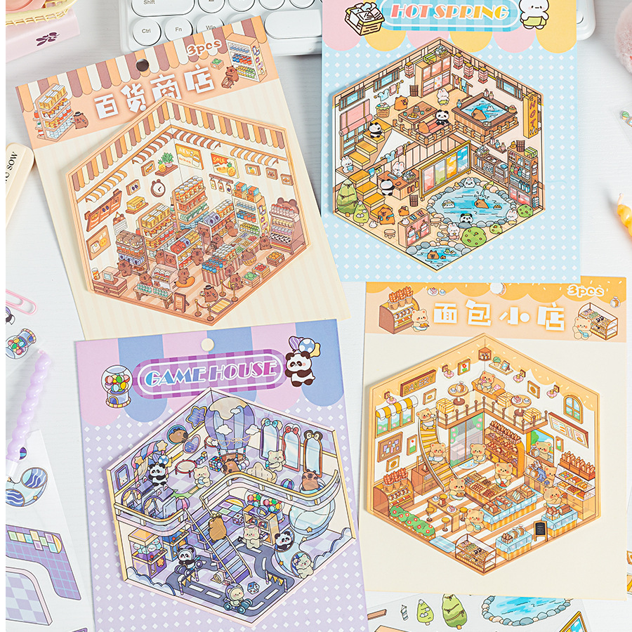 Cute Cub Holiday 3D tridimensional pegatinas de pet a prueba de agua pegatinas de escenas en miniatura de animales de dibujos animados pegatinas de paisaje de rompecabezas para niños