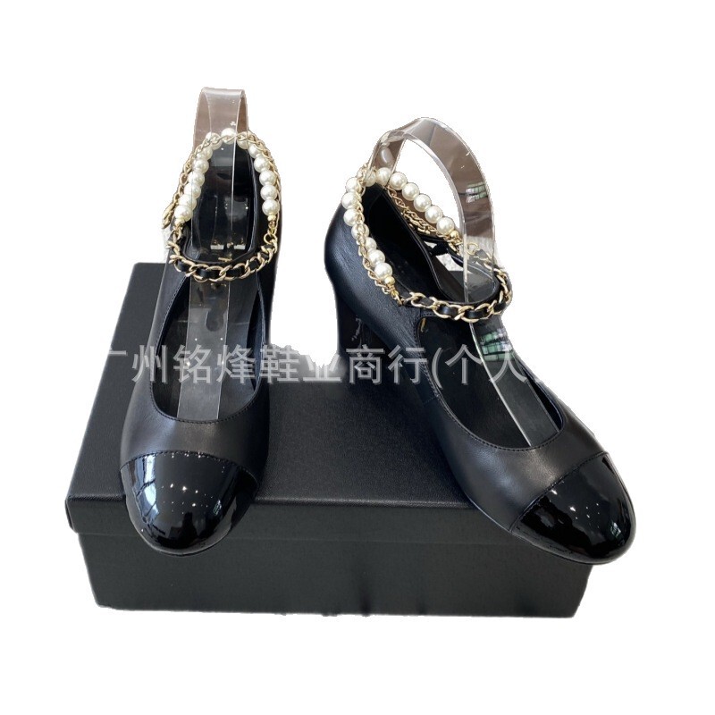 小香风真皮金属链条粗跟玛丽珍鞋女25时尚圆头拼色休闲珍珠单鞋潮|undefined