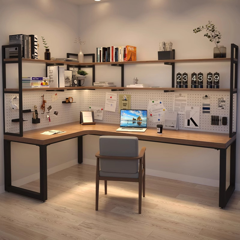 Perforated Board Desk Bookshelf Combination Solid Wood Corner Computer Desk Corner Double Long Desk L-Shaped Workbench