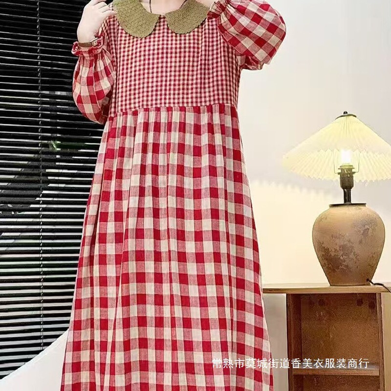 2025 Spring Plaid Long Women's Dress Doll Collar Women's Half-open Long-sleeved Cotton and Linen plus size dress