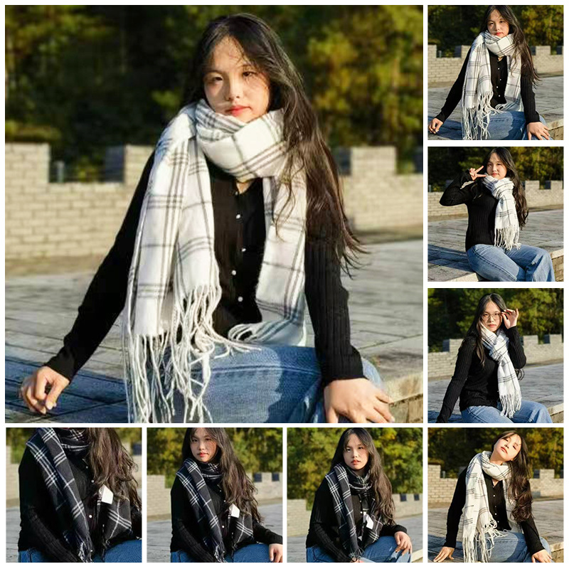 가을 겨울 모조 캐시미어 스카프 체크 수술 숄 가벼운 사치풍 보온 백합 학