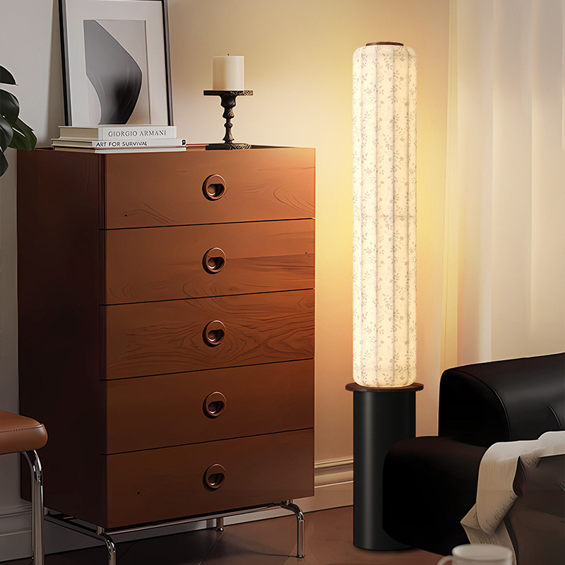 Lámpara de pie de tela impresa, estilo antiguo, cálida y romántica, junto al sofá, luz decorativa, estilo Song, atmósfera estética, luz vertical