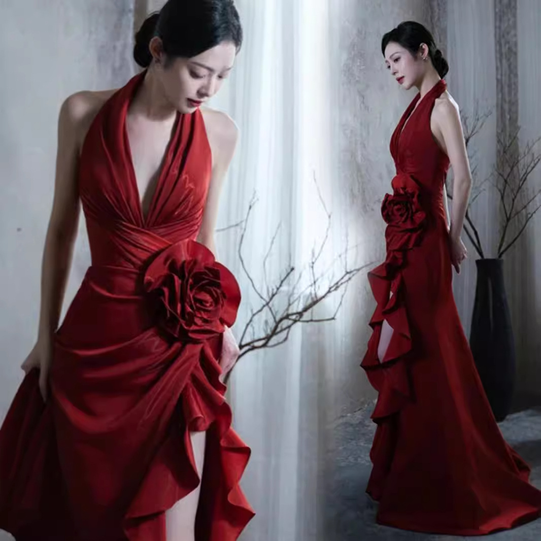 Celebrity Faner wine red Temperament Neck-hanging Bride Wedding Toast Dress Split Morning Robe Wedding Evening Dress New Chinese Style