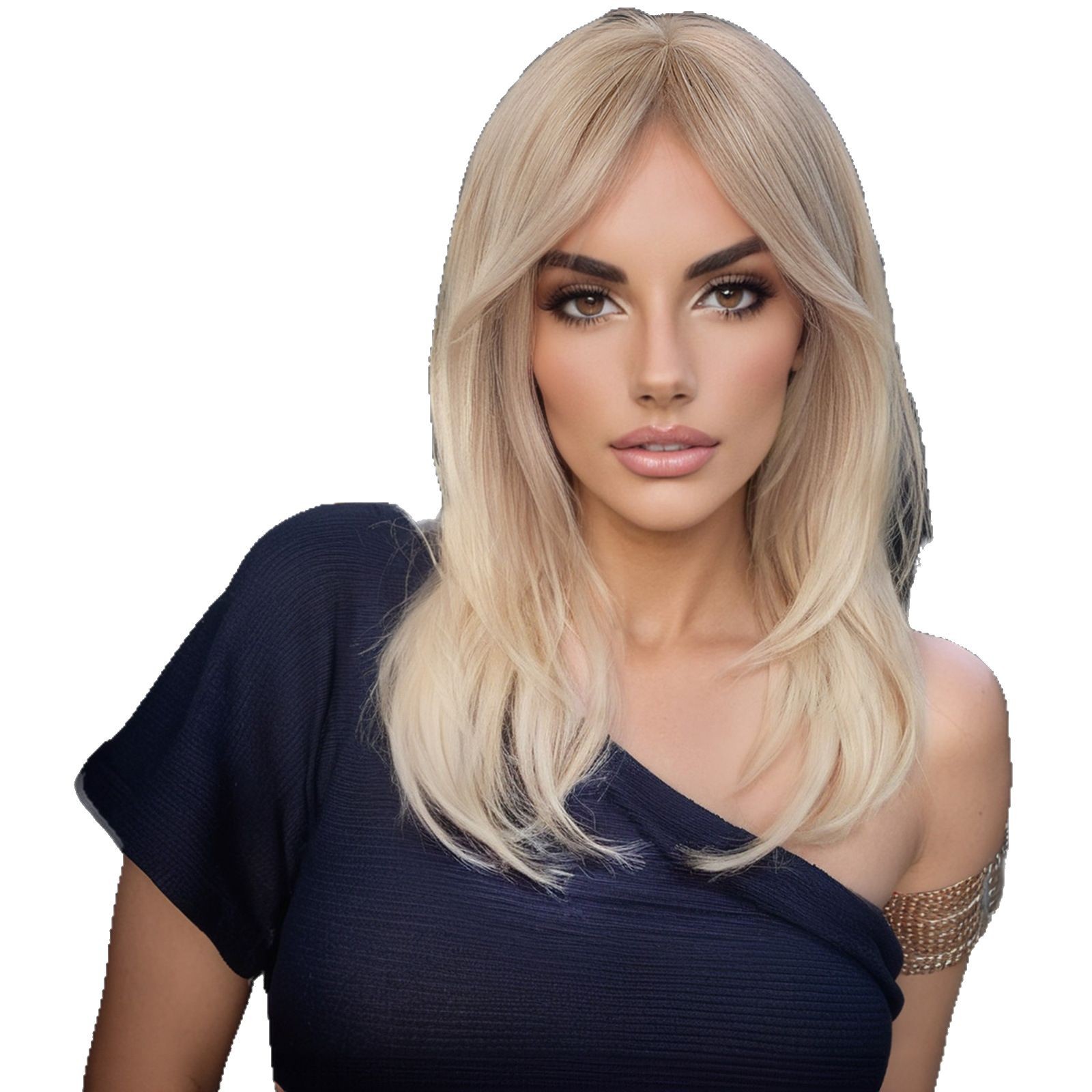 Venta caliente transfronteriza moda clavícula cabello dorado claro ocho caracteres flequillo cabello largo microenrollado peluca cabello completo tipo wigs