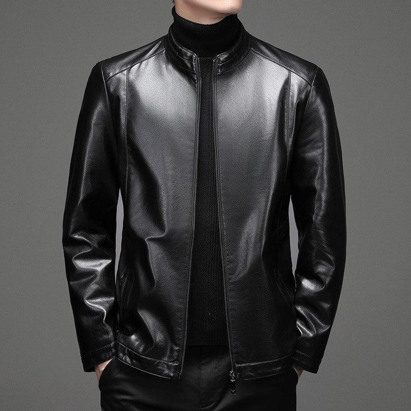 2025 New Autumn Men's Fur Leather Jacket Men's Middle-Aged Casual Men's Clothing Stand Collar Leather Jacket Wholesale
