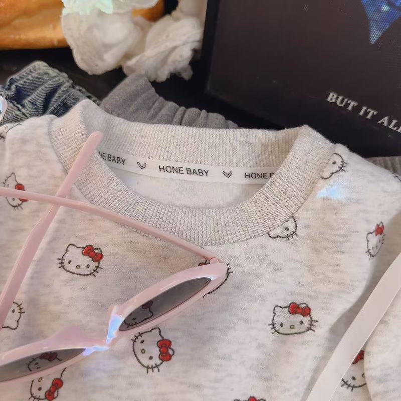 女童两件套女宝宝可爱满印小KT时尚卡通圆领卫衣堆堆袜打底裤套装|undefined