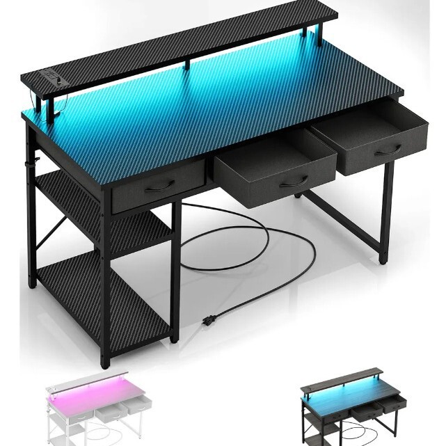 Popular gaming desk with LED lighting, home gaming desktop computer table with power outlet, drawers, and storage shelves Popular gaming desk with LED lighting, home gaming desktop computer table with power outlet, drawers, and storage shelves