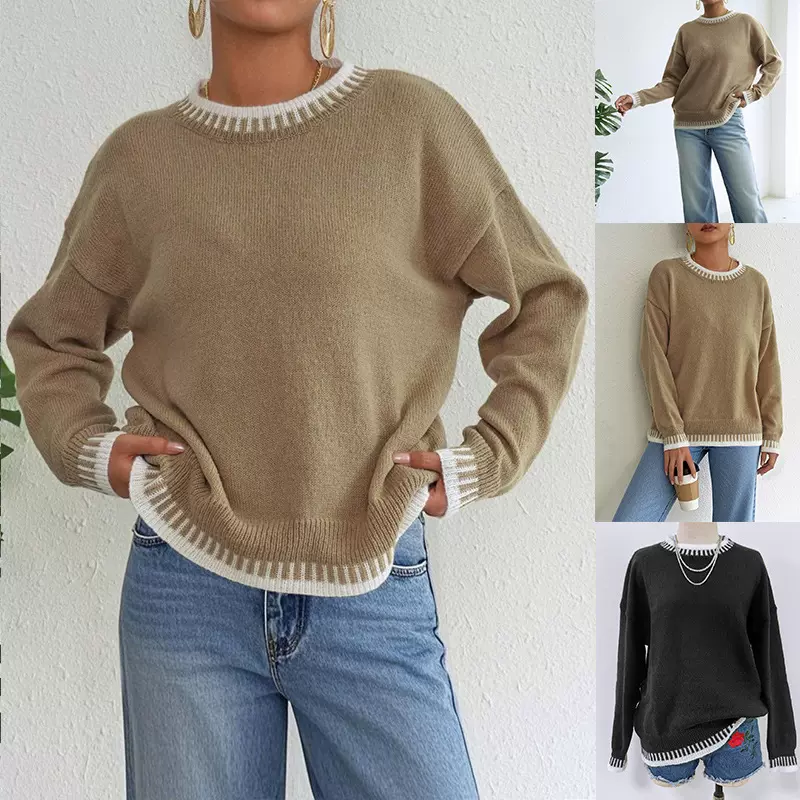 外贸女装毛衣圆领2025秋冬新款撞色拼接休闲套头宽松毛衣女士上衣