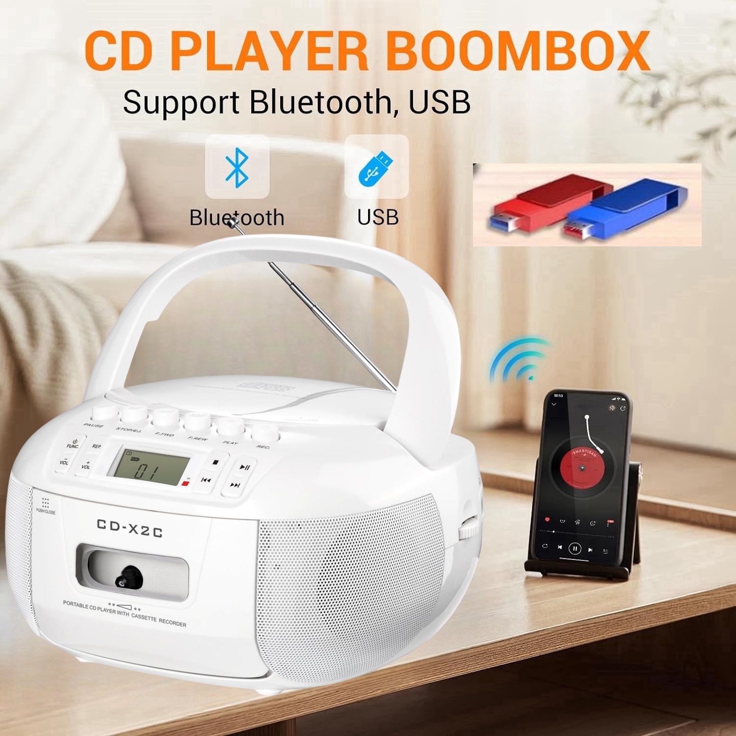 新款跨境便携式立体声蓝牙 CD 磁带播放器 Boombox 带 卡带AM/FM