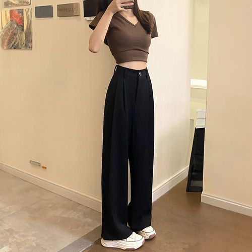 Black suit pants for women, spring and autumn style, for plus-size sisters, high-waisted loose and slimming wide-leg casual pants, pear-shaped figure pants