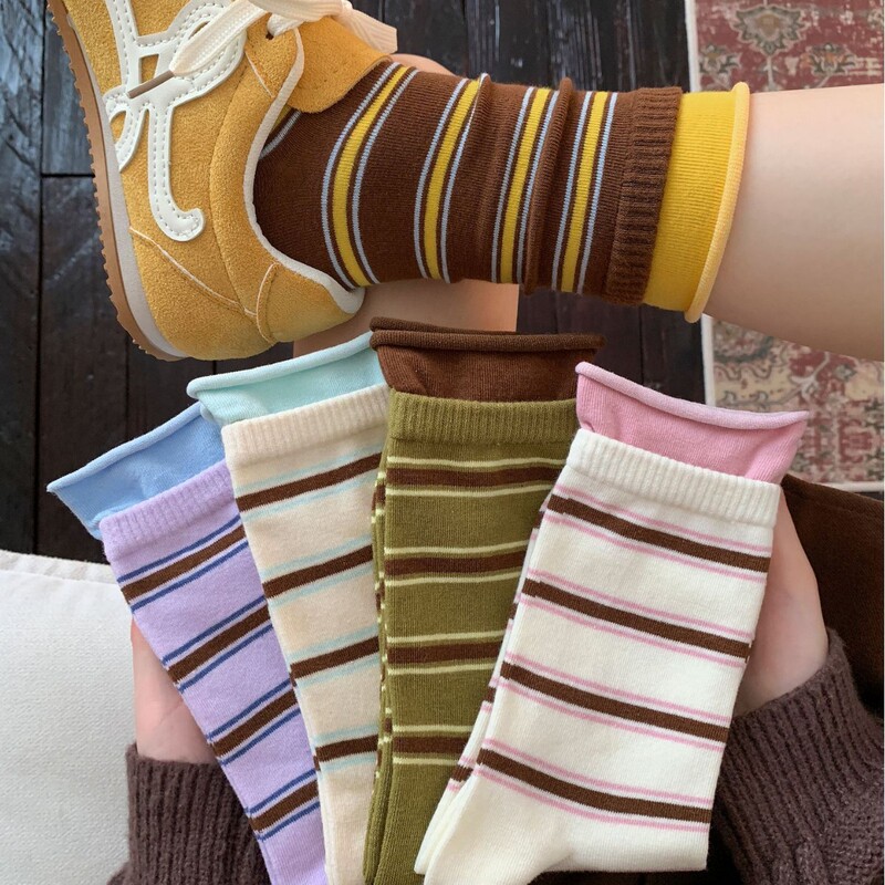 2025 New Spliced Striped Socks for Women, Mid-Calf Socks for Spring and Autumn, Trendy Japanese Style, Color-Blocking Niche Slouch Socks