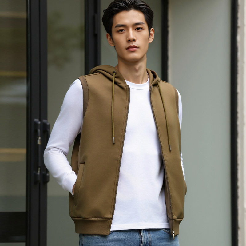 Fashion Trendy Men's New Vest Spring and Autumn Solid Color Cardigan Hooded Sleeveless Sweatshirt Casual Brushed Top