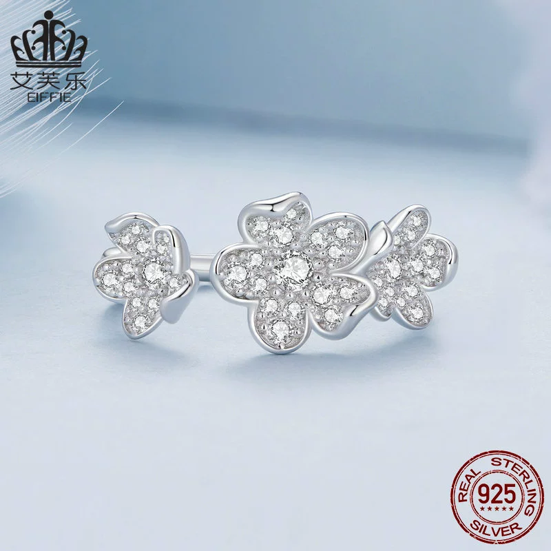 艾芙乐 Platinum cute ring with zircon, adjustable accessory, silver 925 sample, simple and elegant design, flowered
