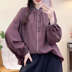 领双层棉纱时尚休闲长袖T恤女春秋新款宽松麻衬衫开衫上