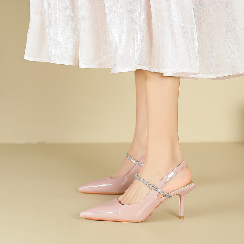 Giày sandal cao gót mũi nhọn một quai mùa hè phong cách cổ điển — Màu hồng nude