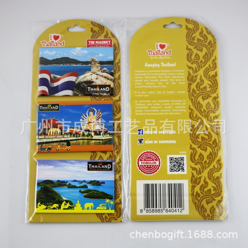 专业生产定制泰国旅游纪念品马口铁冰箱贴， 金属冰箱磁贴