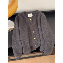 灰色金扣羊毛针织开衫女秋冬季韩系简约软糯慵懒风毛衣外套春上衣