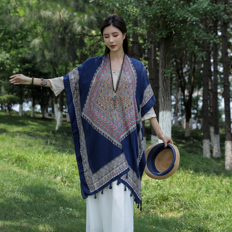 2023 nuevo estilo étnico en forma de diamante bufanda de algodón y lino bufanda de viaje Yunnan cálido protector solar