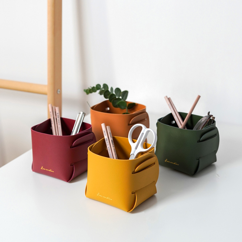 Makeup Brush Entrance Key Leather Storage Box Desktop Cosmetics Remote Control Miscellaneous Storage Basket Brush Barrel Ins