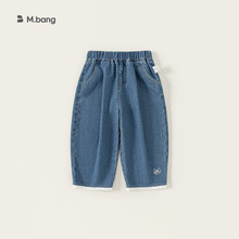 邦选童装新款秋装女孩子直筒裤蝴蝶结刺绣儿童裤子花边女童牛仔裤