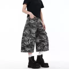 New Chinese Original Camo Capri Jeans for Men and Women Summer Casual Loose Straight Wide-Leg Vintage Shorts