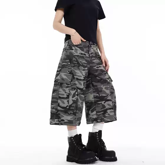 New Chinese Original Camo Capri Jeans for Men and Women Summer Casual Loose Straight Wide-Leg Vintage Shorts