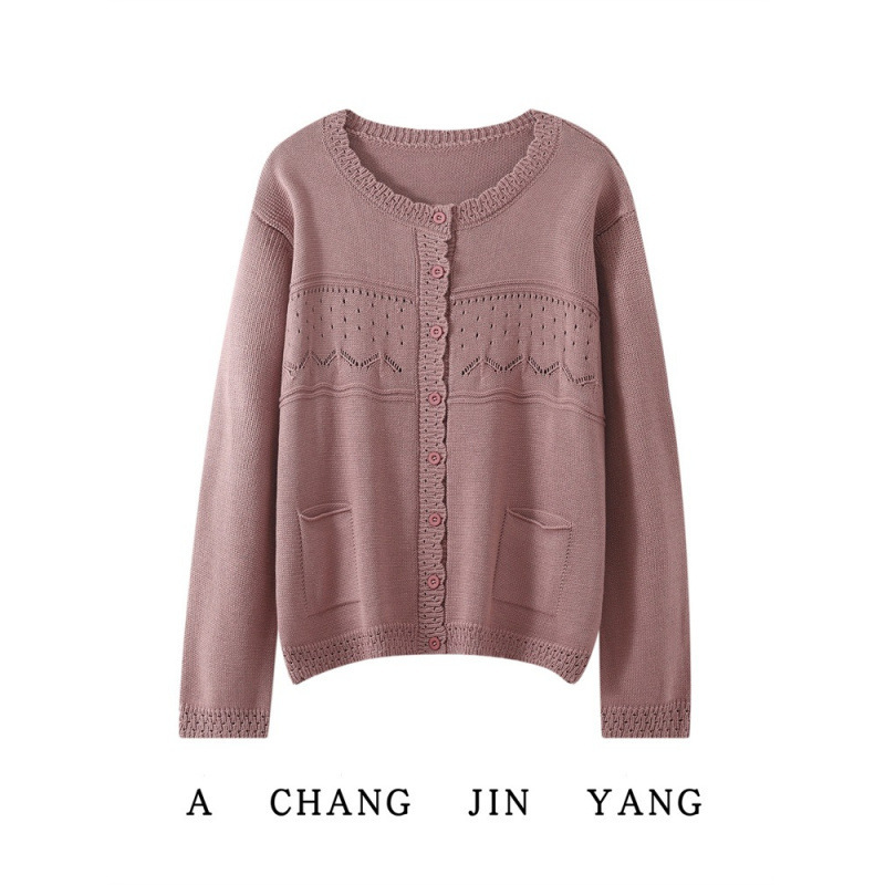 2025 Autumn/Winter New Cotton Lace Round Neck Knitted Cardigan Long Sleeve Women's Hollow Out Loose Top Jacket with Pockets 2025 Autumn/Winter New Cotton Lace Round Neck Knitted Cardigan Long Sleeve Women's Hollow Out Loose Top Jacket with Pockets