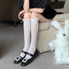 Japanese Lolita JK white thin sheer lace edge ankle socks with butterfly knot black mid-calf socks