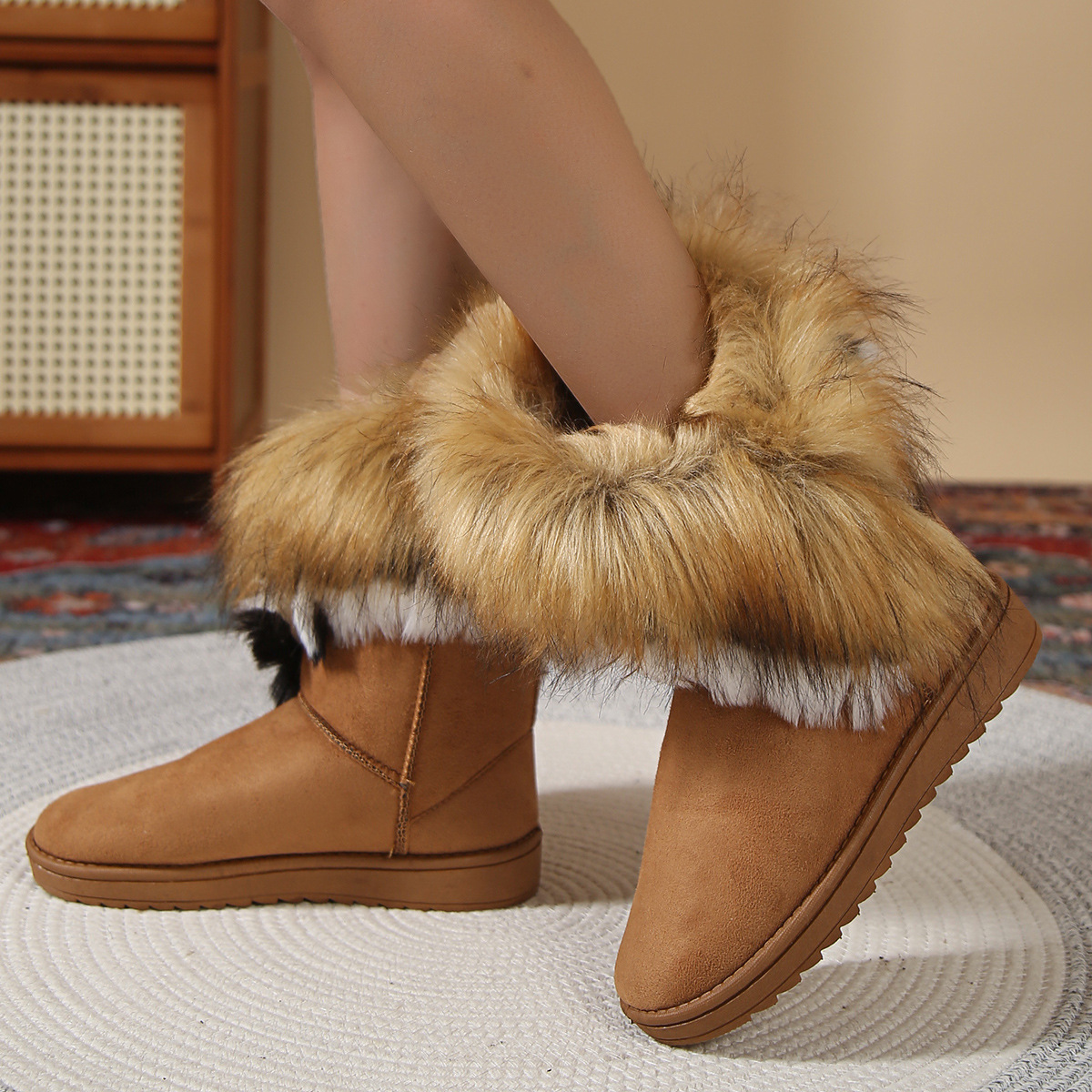 Liela izmēra sieviešu sniega zābaki ar platformu lieli pūkaini plīša silti un biezi_voghion.com