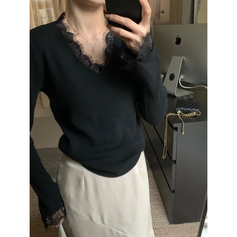 绝美法式气质蕾丝v领打底衫女秋冬喇叭袖上衣高级感针织毛衣内搭|undefined