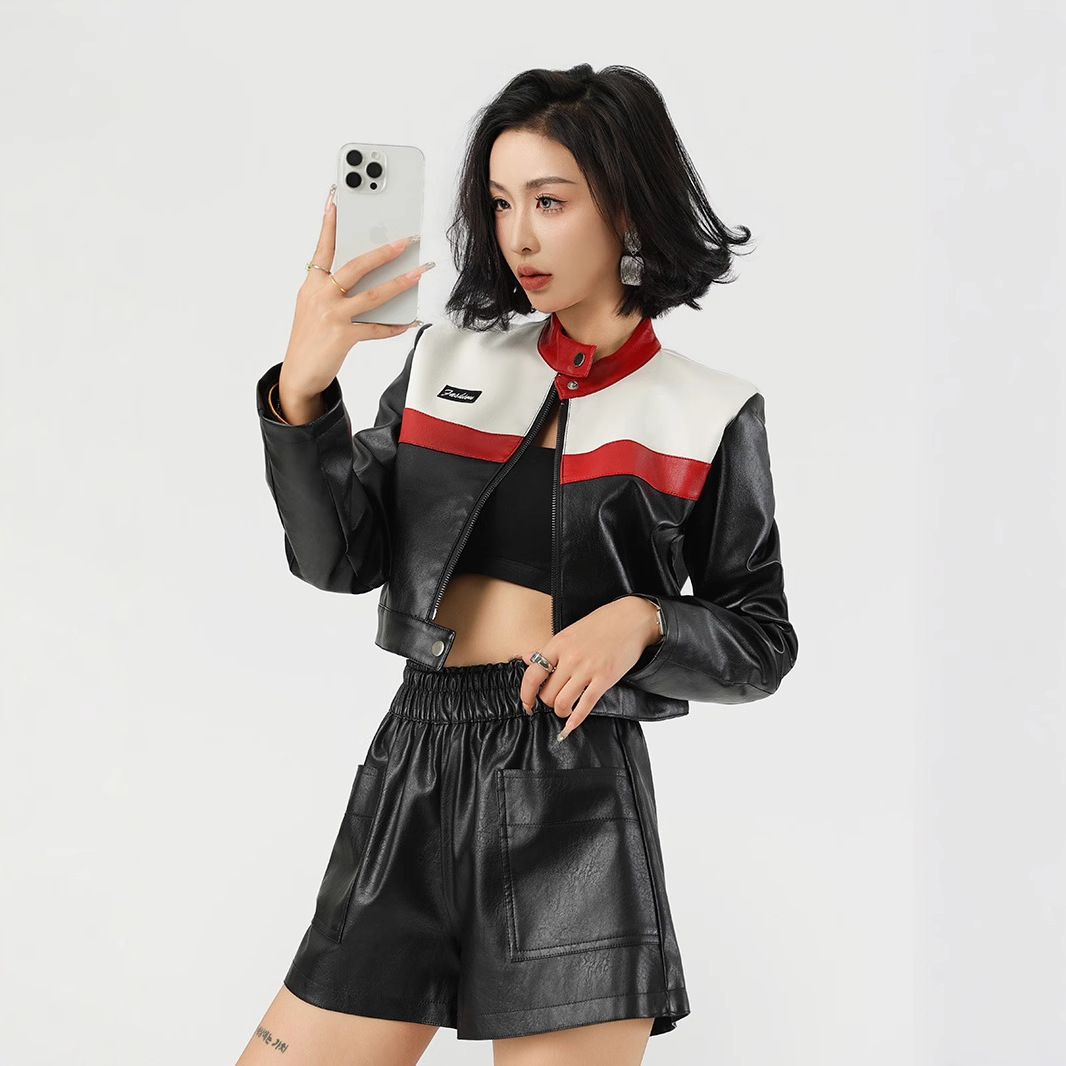 New Contrasting Color Splicing Motorcycle Clothing Bomber Jacket Short Outwear Women's Leather Jacket Foreign Trade Cross-Border Leather Jacket Women's Customization