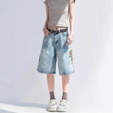 水洗做旧花卉刺绣半松紧腰牛仔短裤男女同款夏季宽松直筒五分裤潮