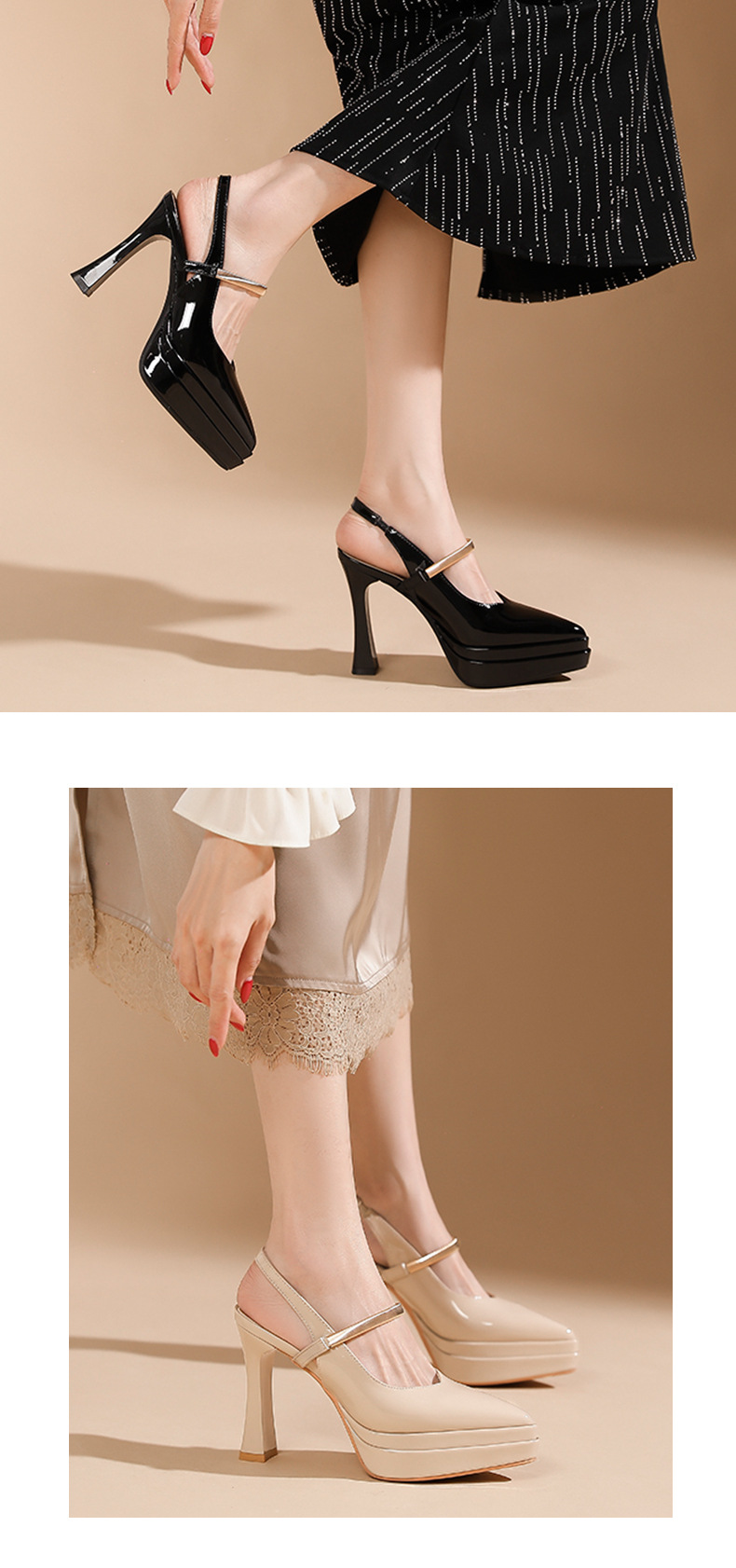 Sandal cao gót nữ mũi nhọn quai ngang gót 11 cm đế platform — Màu nude - 11cm chi tiết 6