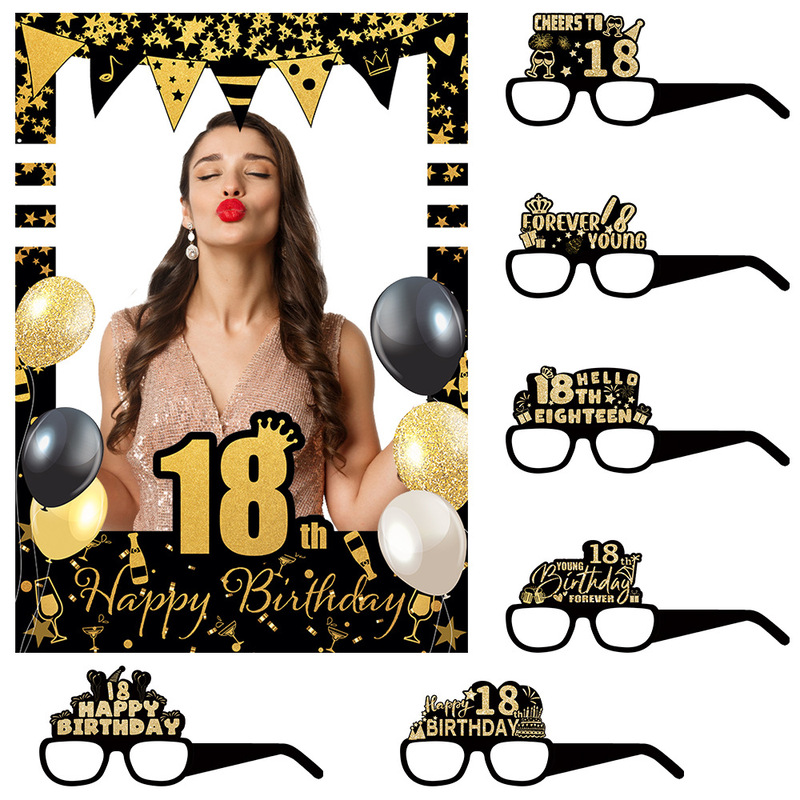 Amazon New 18-80th Birthday Theme Black Gold Paper Glasses Photo Frame Party Photo Props Decoration