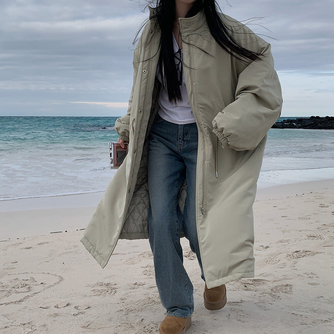 韩国chic冬季慵懒风工装派克宽松大件抽绳立领棉袄保暖棉衣长外套