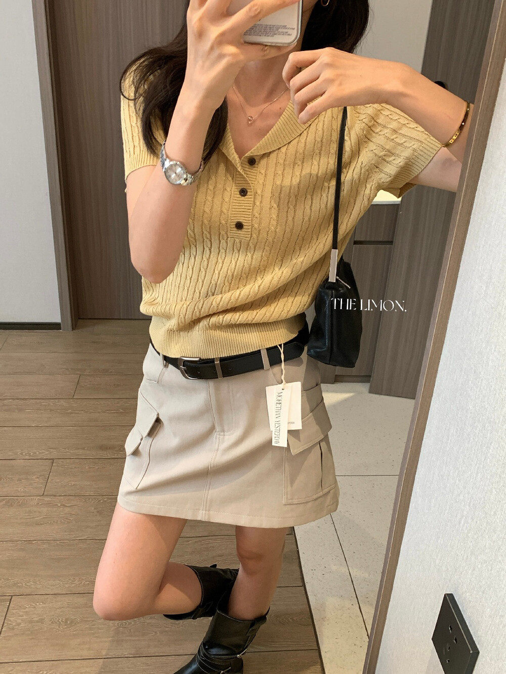 Áo polo nữ cổ bẻ tay ngắn phong cách cổ điển, chất liệu cotton pha sợi, form suông thoải mái — Xám Apricot, trắng ngà, xanh nhạt, Xám hoa sâu chi tiết 19