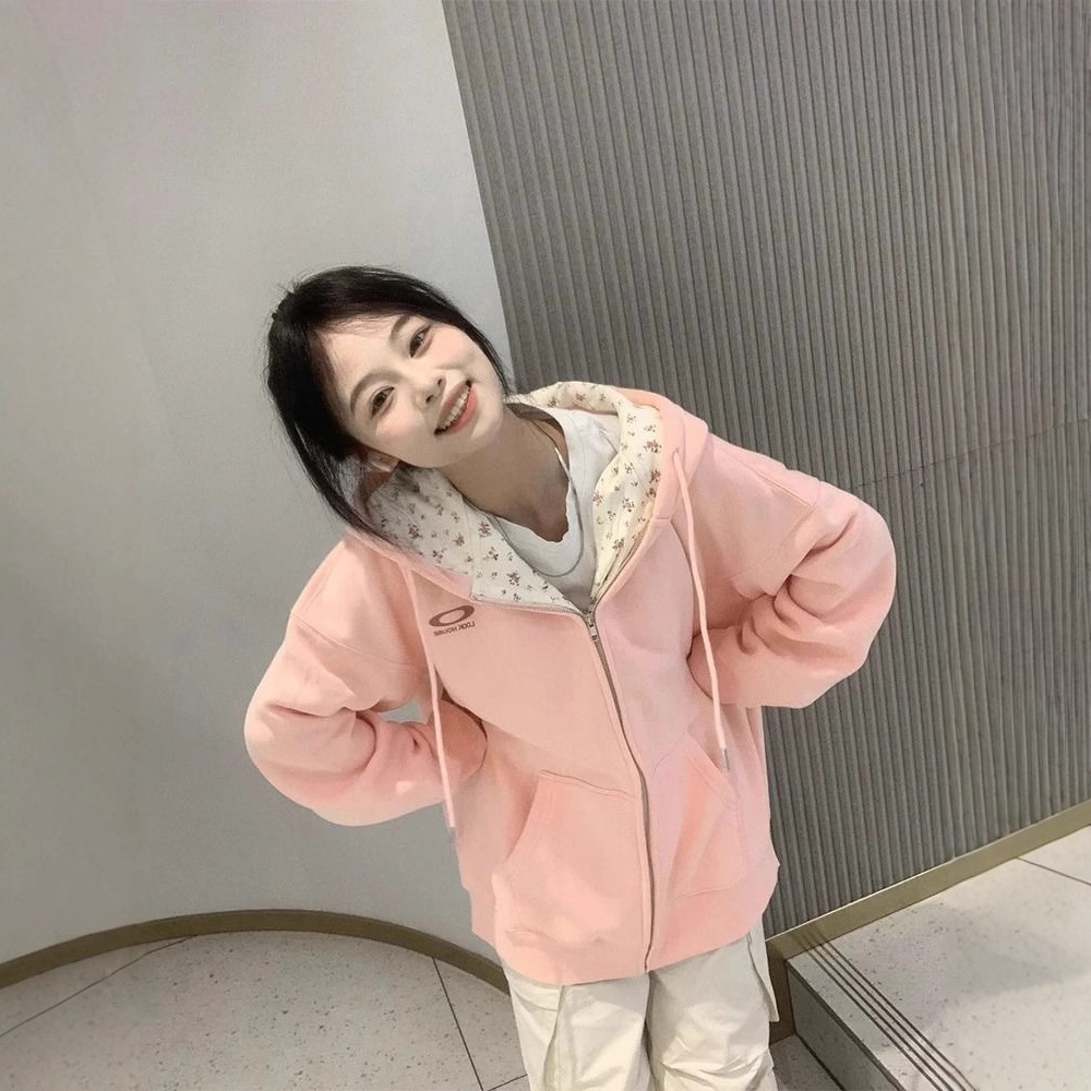 小个子粉色碎花甜美学院风连帽卫衣女2024春秋新款宽松上衣外套潮
