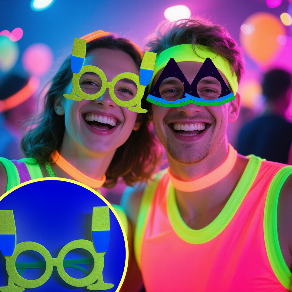 Nuevas decoraciones de fiesta con tema fluorescente, gafas, cumpleaños para niños, ambiente fotográfico, accesorios de vestir, marco de gafas de fieltro