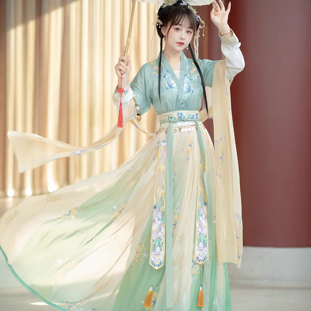 Original Han Dynasty [Bellflower] Tang Dynasty Waist-Length Tang-Style Blouse and Skirt Embroidered with Chinese Style Daily Summer Style