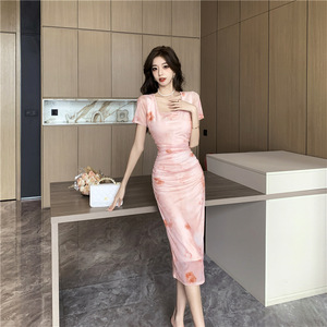 Folded and split mesh short sleeved long women's style dress