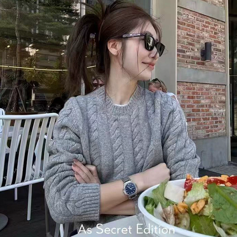 Женский свитер с круглым вырезом, вязаный косами, с рюшами и вышивкой, базовая модель, из шерсти и кашемира