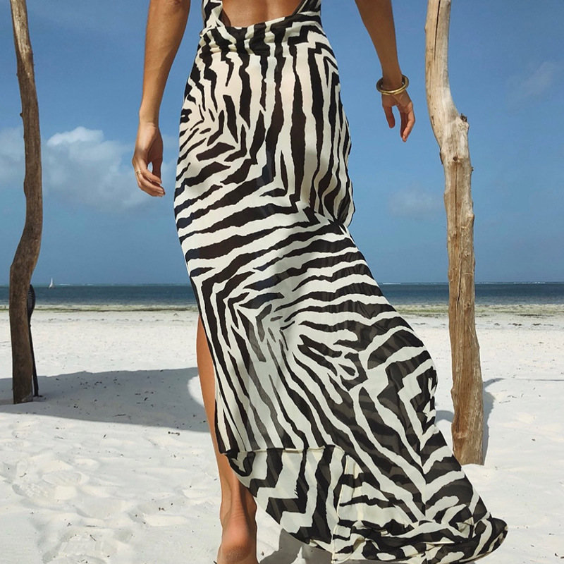 Women's Zebra Print High Slit Dress See-through Tie Waist Sexy Vacation Style Clothing for Fall Fashion 2024_ecoleips.com